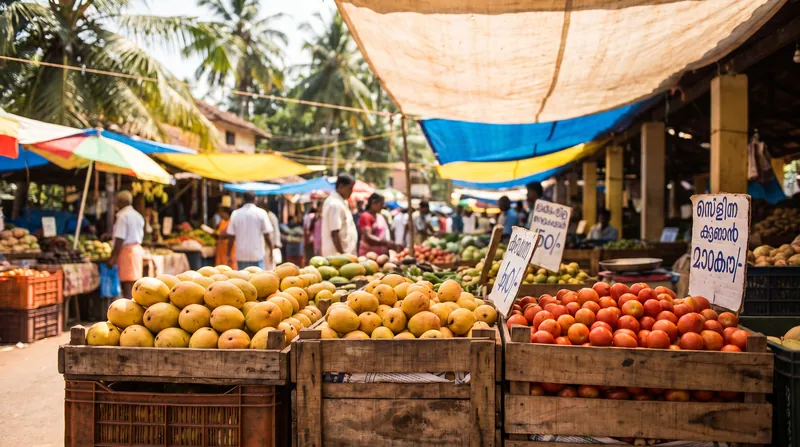 A bustling outdoor market featuring wooden crates overflowing with fresh tomatoes, mangoes, and leafy greens.