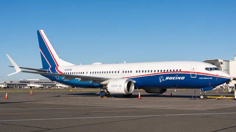 A Boeing 737 MAX 10 test aircraft parked on an airport tarmac under a clear blue sky.