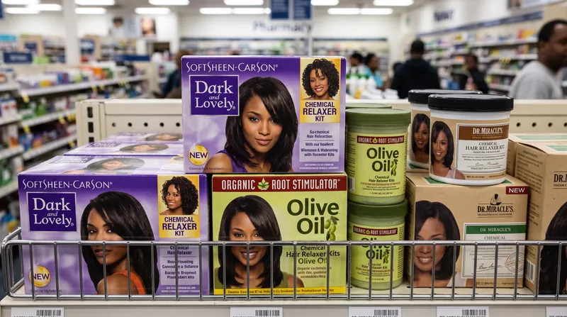 Boxes and bottles of chemical hair relaxer products lined up on a retail store shelf.