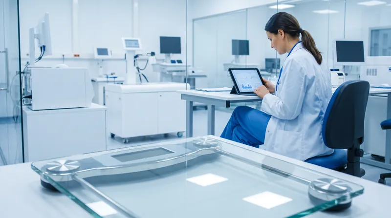 A modern clinical setting featuring a digital medical scale and a healthcare professional reviewing data on a tablet.