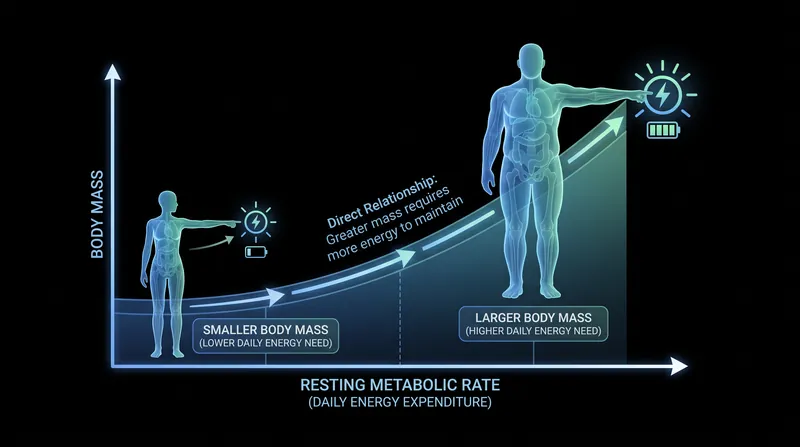 As body mass decreases, the body requires fewer kilocalories to sustain itself, shrinking the effective energy deficit.