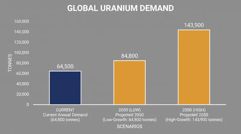 Projected annual uranium requirements are expected to climb significantly by 2050 to support the expanding global nuclear fleet.