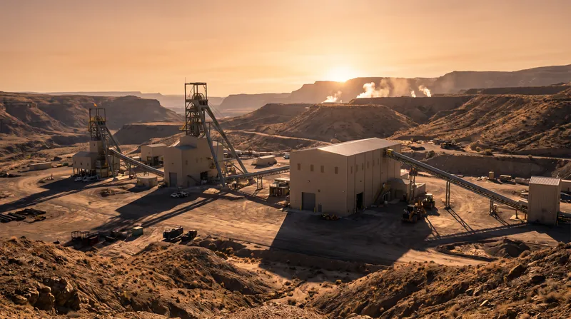 Industrial buildings and headframes of a uranium mining facility situated in a rugged, arid landscape at dawn.