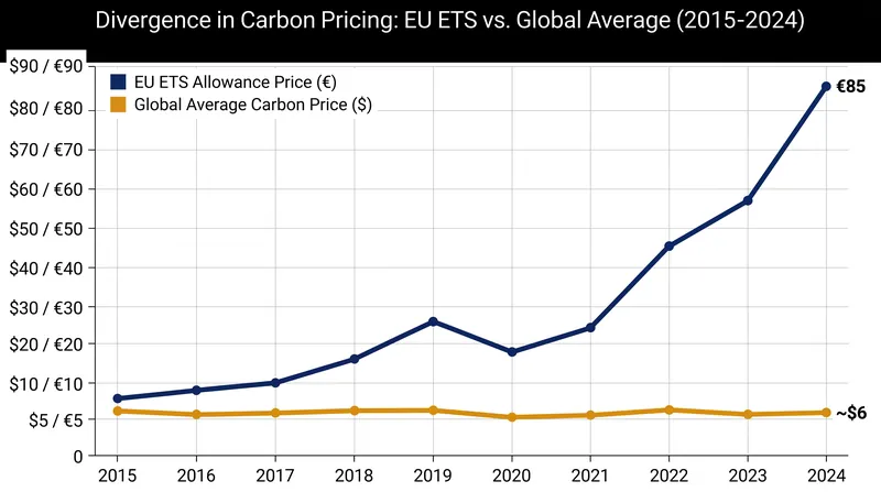The structural gap between regional cap-and-trade markets and the global average carbon price creates the economic incentive for carbon leakage.