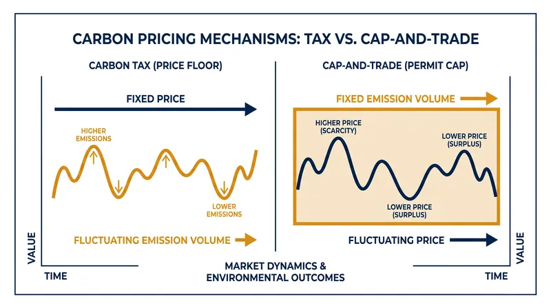 A carbon tax guarantees the price but not the emissions reduction, while cap-and-trade guarantees the emissions reduction but leaves the price to the market.