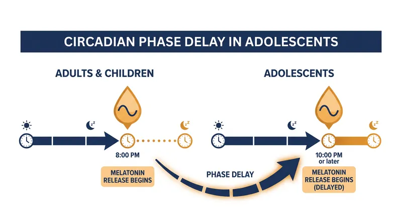 During adolescence, the brain's melatonin secretion is naturally delayed by up to two hours.