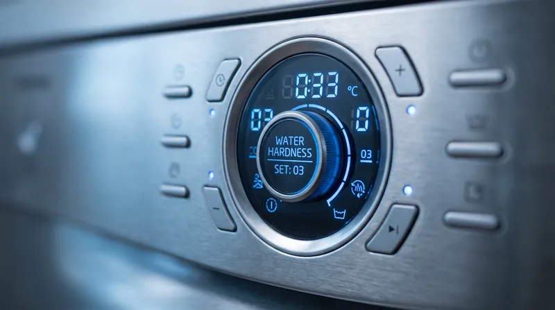 Close-up of a digital control panel on a modern dishwasher showing water hardness settings.