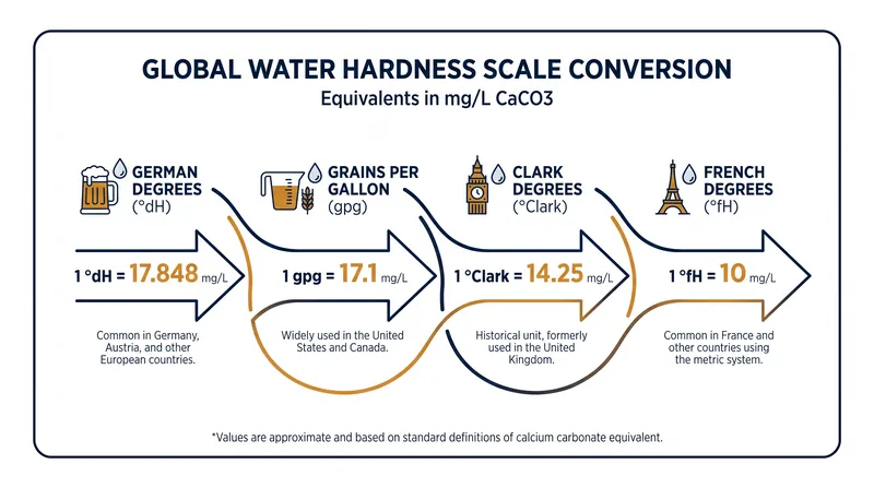How international water hardness scales translate into milligrams per litre.
