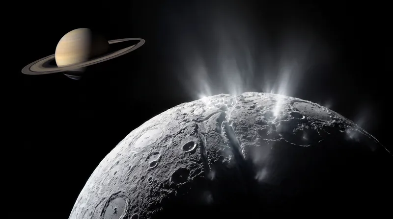 A rendering of Saturn's moon Enceladus showing large geysers of water erupting from its icy surface.
