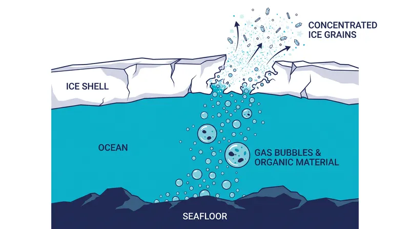 Gas bubbles rising through the Enceladean ocean act as a natural centrifuge, concentrating organic material in the ice grains ejected into space.