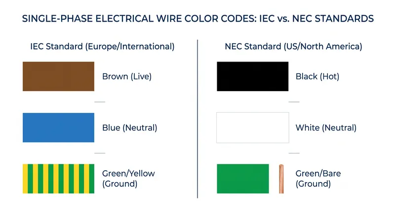 A comparison of single-phase wiring color codes between the international IEC standard and the US National Electrical Code.
