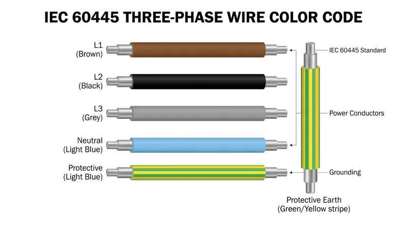In three-phase industrial systems, the IEC standard expands the color palette to identify the additional live phases.