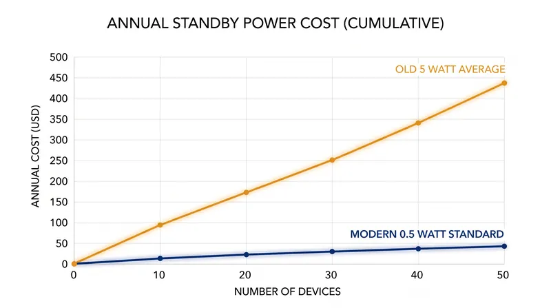 Capping standby power at 0.5 watts saves the average household hundreds of dollars annually compared to older, unregulated appliances.