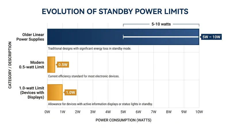 The shift to switch-mode power supplies allowed regulators to cap standby consumption at fractions of a watt.