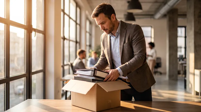 A cardboard box filled with office supplies sits on an empty desk in a modern corporate office.