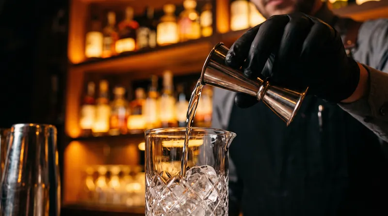 A bartender's hands pouring a clear spirit from a silver jigger into a glass.