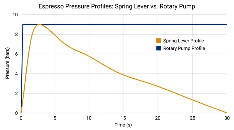 Unlike modern electric pumps that hold a flat 9 bars, traditional spring levers naturally taper off in pressure as the shot progresses.