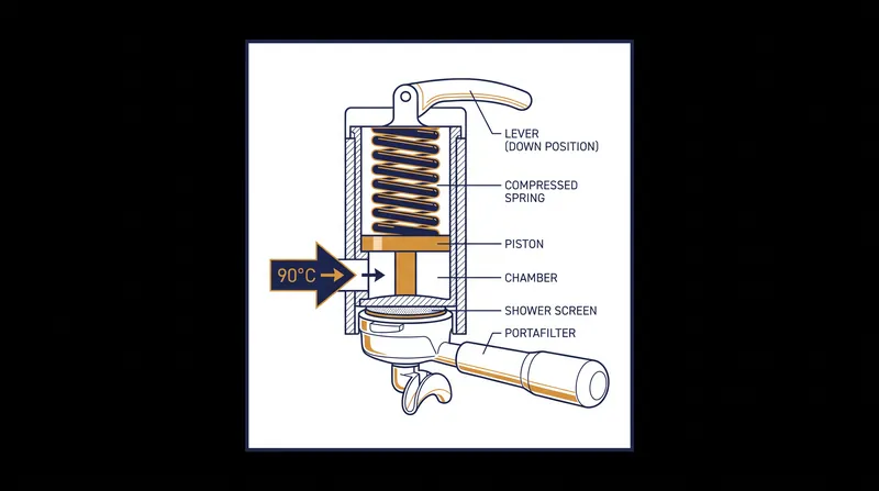 By compressing a heavy steel spring, baristas could generate 9 bars of mechanical pressure without relying on boiling steam.