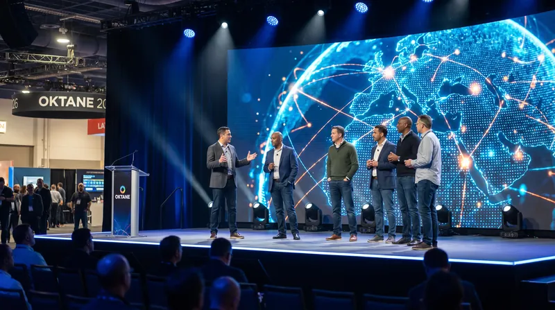 A diverse group of technology executives stand on a brightly lit conference stage discussing AI security.