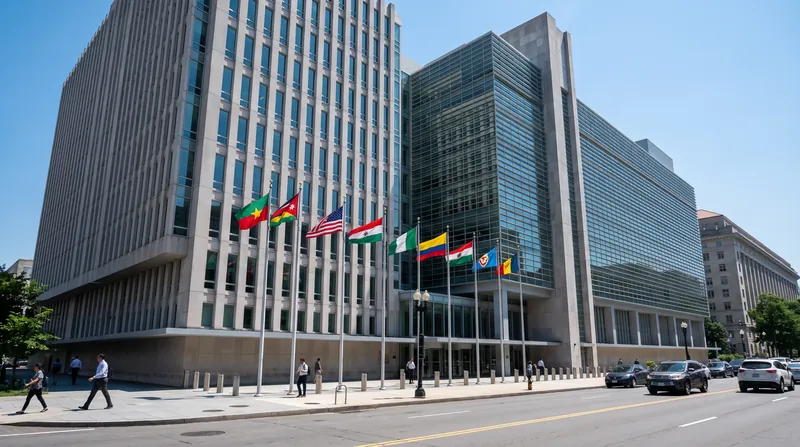 The exterior of the World Bank headquarters building in Washington D.C. with international flags flying.