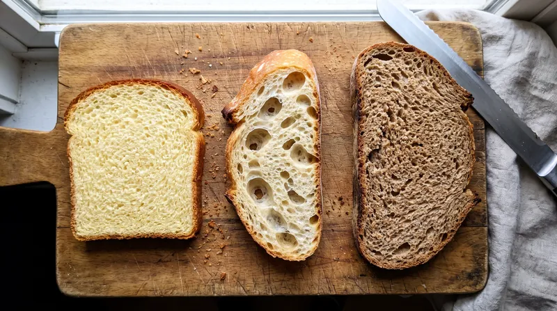 The physical structure of the crumb changes dramatically as the ash content and bran inclusion increase.