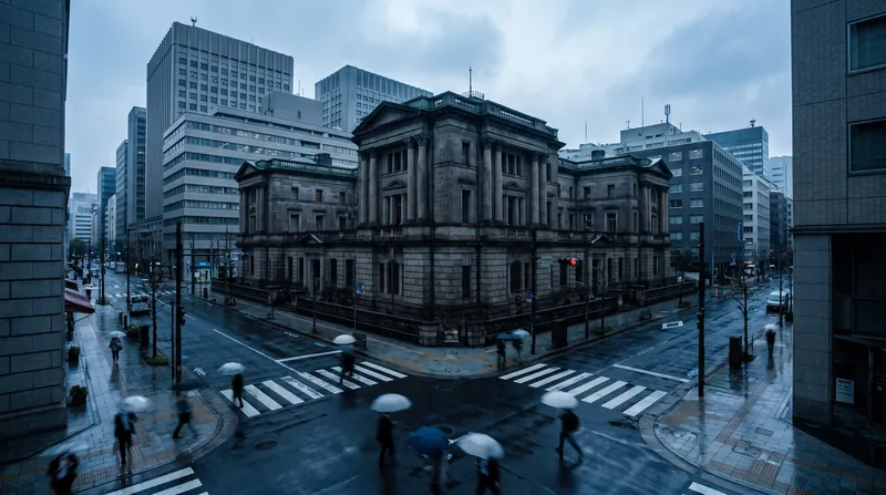 The classical stone facade of the Bank of Japan headquarters building in central Tokyo.