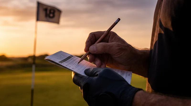 A close-up view of a golfer's hands holding a pencil and marking a scorecard on a putting green.