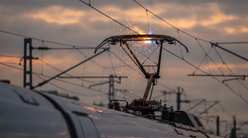 A high-speed train pantograph drawing power from a 25 kV AC overhead catenary wire against a dark background.