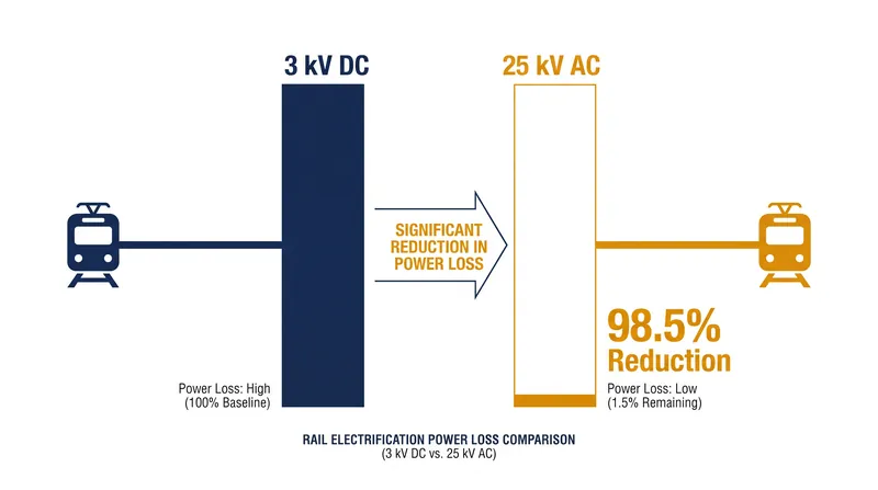 Stepping up the voltage to 25 kV AC exponentially reduces resistive heat losses in the transmission lines.