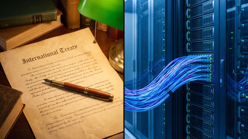 A conceptual split image showing a 19th-century fountain pen on a treaty document next to a modern glowing server rack.