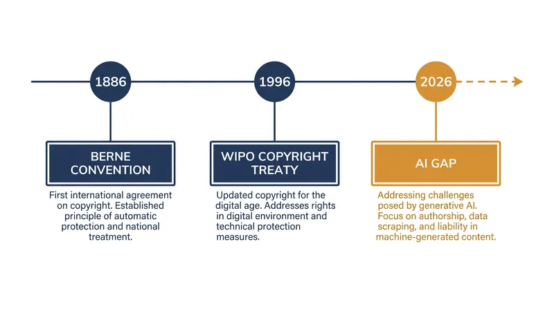 The foundational treaties governing global intellectual property were drafted long before autonomous generation was possible.