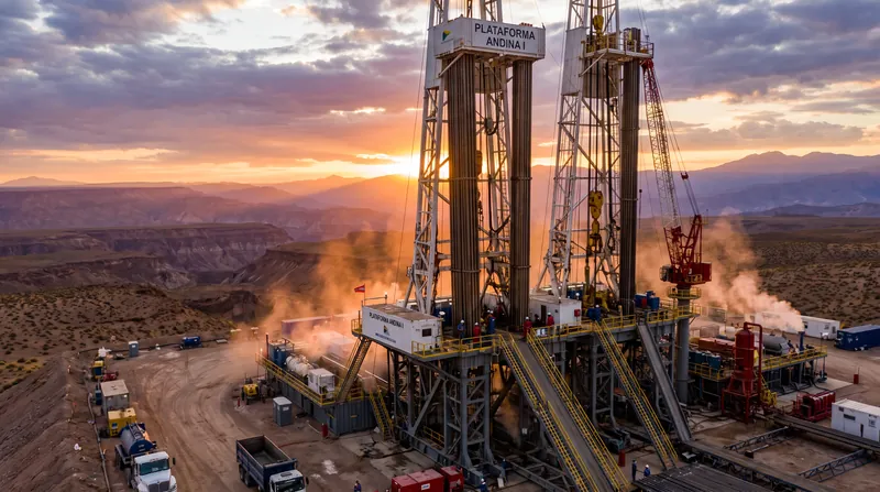 A large industrial oil drilling rig operating at sunset against a clear sky.
