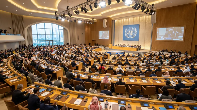 A wide view of a large United Nations plenary hall with delegates seated at curved desks beneath a UN emblem.