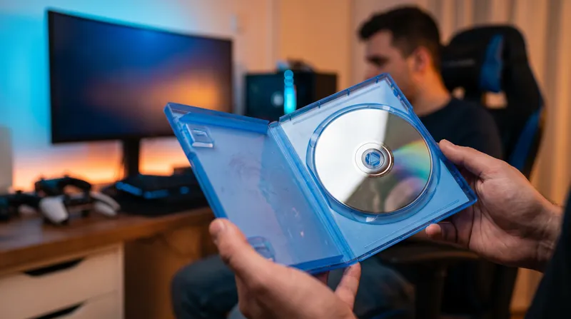 A person holding a physical PlayStation 5 game case in front of a modern gaming setup.