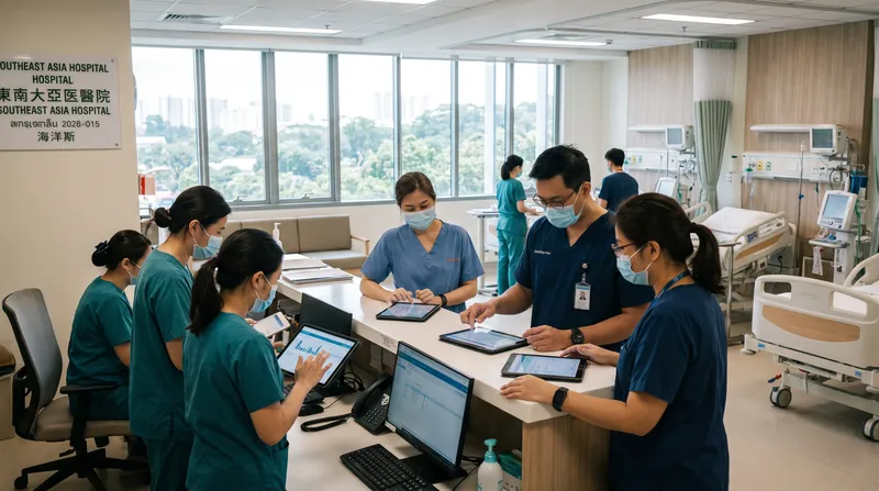 Medical professionals in a modern Southeast Asian hospital ward reviewing patient charts on digital tablets.