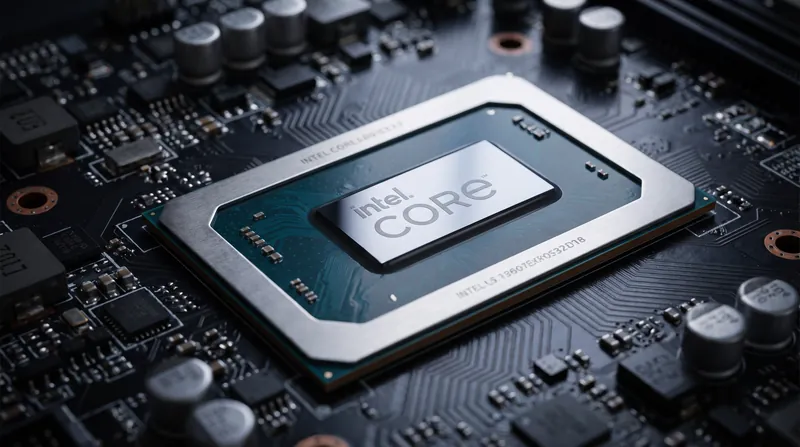 Close-up of an Intel Core processor chip resting on a modern laptop motherboard.