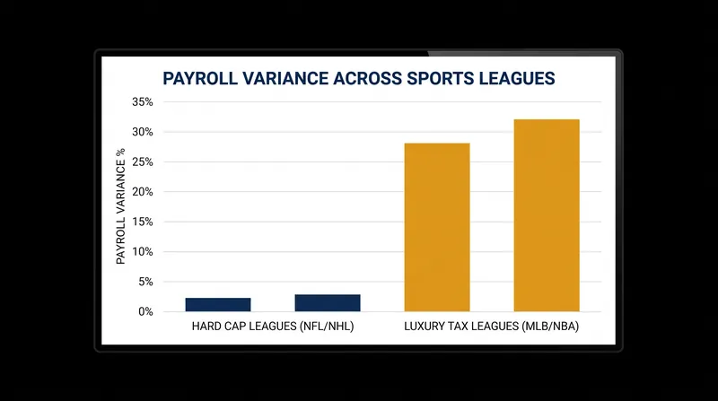 Hard salary caps reduce payroll variance to near zero, while luxury taxes allow for significant financial disparity.