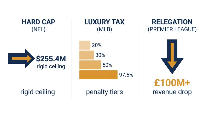 The three primary mechanisms leagues use to enforce financial parity and dictate team spending.