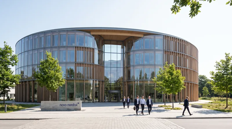 Exterior view of a modern corporate building with the Novo Nordisk logo visible.