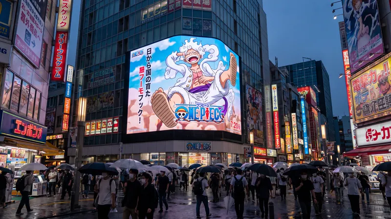 A large outdoor billboard in Akihabara, Tokyo, displaying Monkey D. Luffy in his white Gear 5 form.