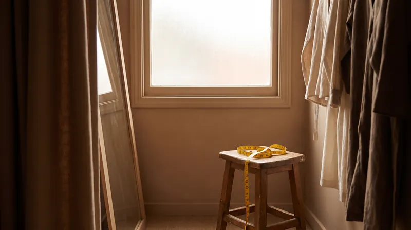 A yellow measuring tape draped over a wooden stool in a warmly lit fitting room.