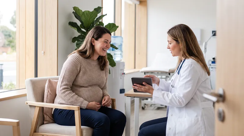 A pregnant woman and a doctor reviewing medical information together in a bright clinic.