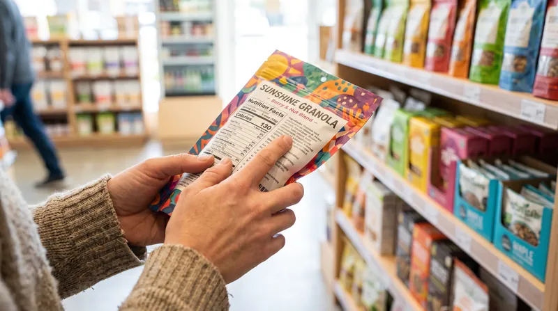 A person's hands holding a packaged food item in a supermarket, closely reading the black-and-white nutritional information panel on the back.