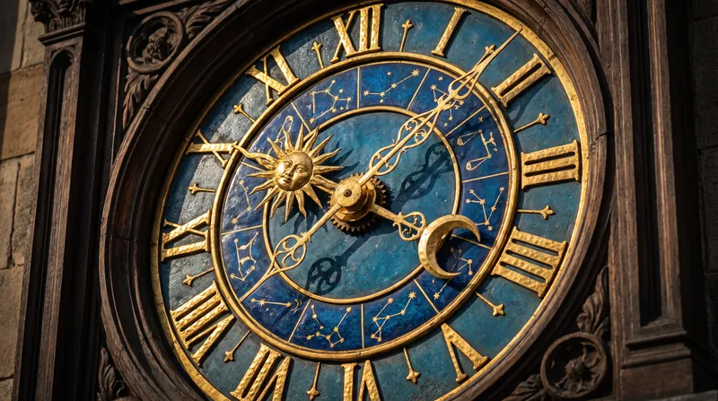 Close-up of an ornate astronomical clock face showing golden sun and moon hands against a blue background.