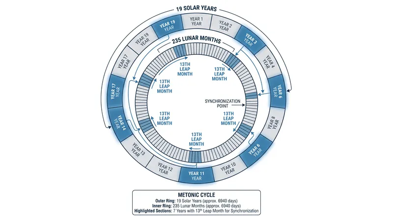 The Metonic cycle aligns 19 solar years with exactly 235 lunar months by adding 7 leap months.