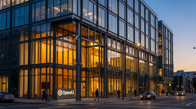 Exterior view of the OpenAI headquarters building in San Francisco at dusk.
