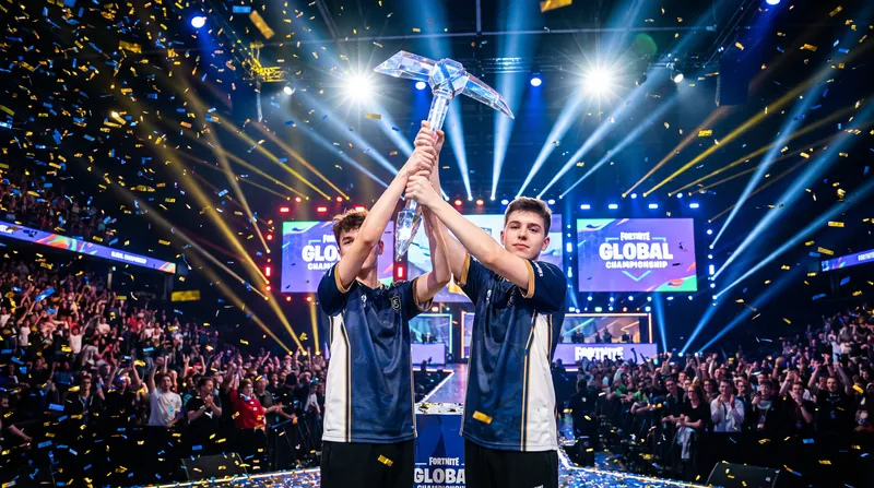 Two esports players lifting the Axe of Champions trophy on a brightly lit tournament stage.
