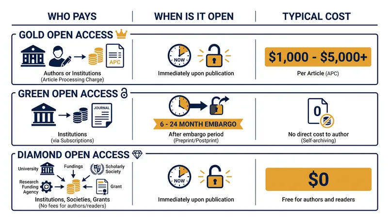 How the financial burden and access timelines differ across the three primary Open Access routes.