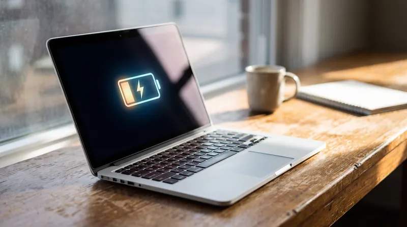 A modern laptop open on a sunlit wooden office desk, displaying a battery charging icon on its screen.