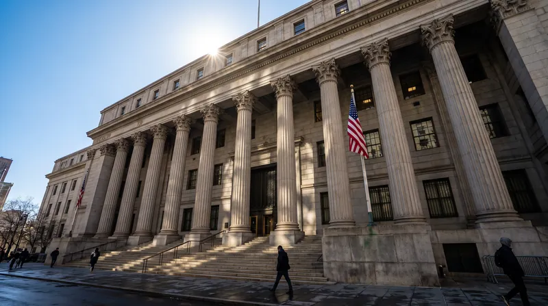 A federal courthouse building in New York City viewed from the street level.